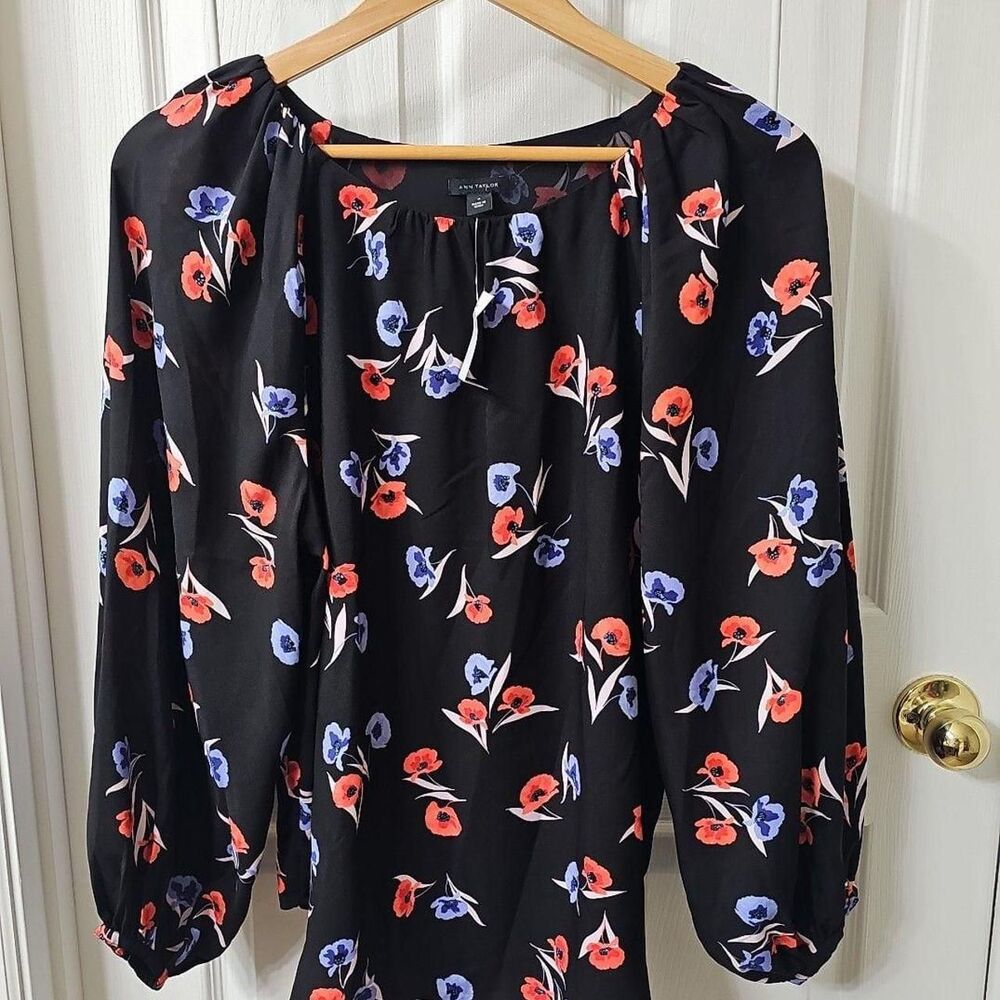 Ann Taylor Black Floral Blouse with Red and Blue Flowers